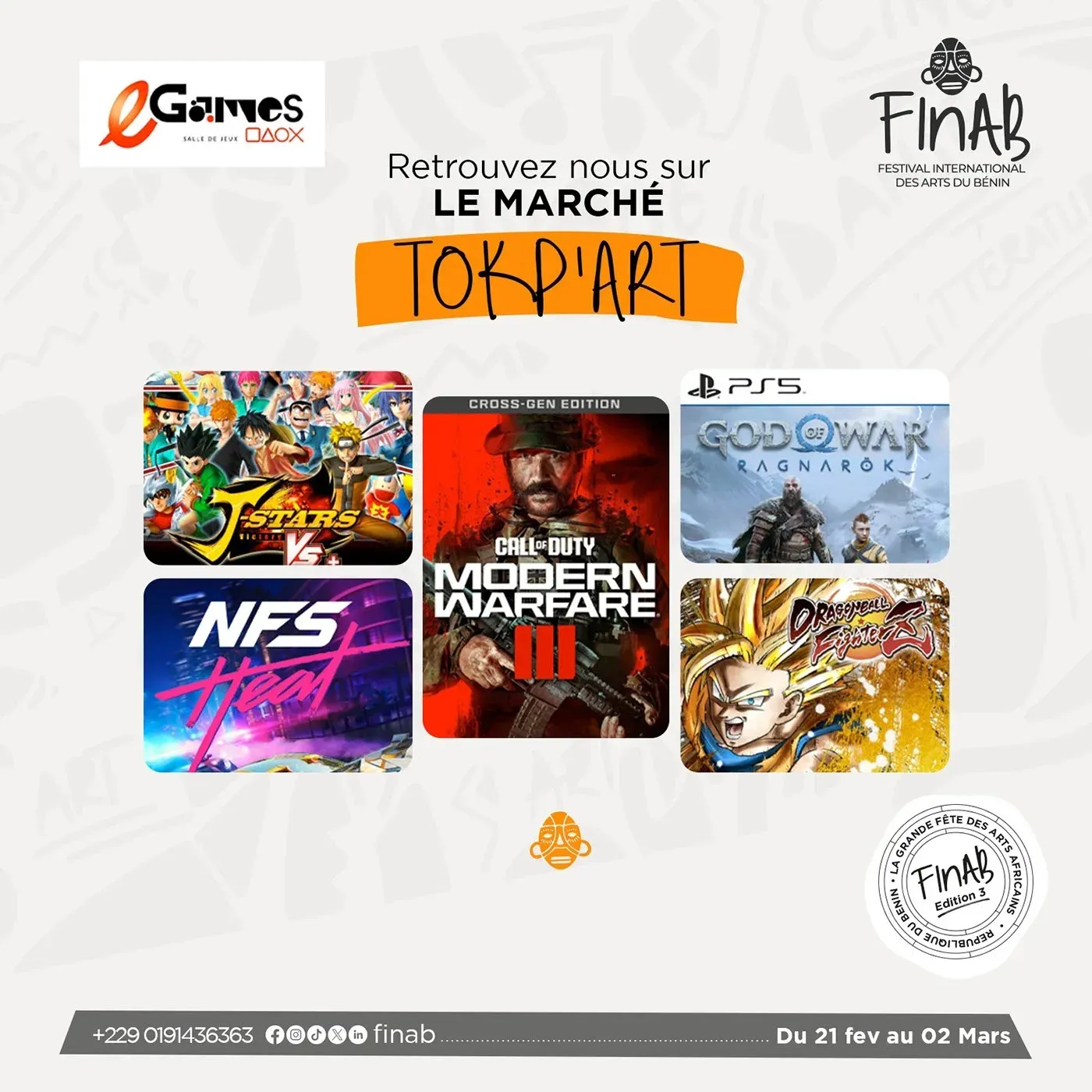 Affiche du marché Tokp’Art du FINAB pour la boutique de jeux vidéo eGames