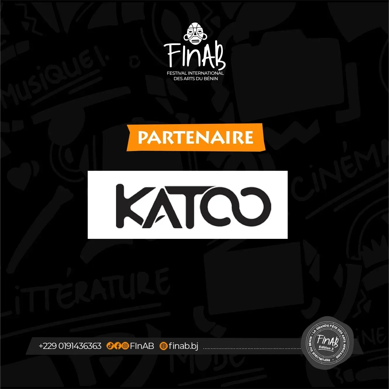 Affiche du FINAB annonçant la marque Katoo comme partenaire