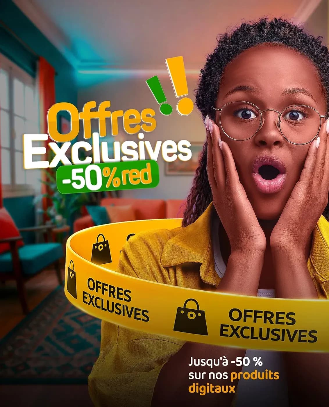 Affiche promotionnelle « Offres exclusives, jusqu’à -50 % »
